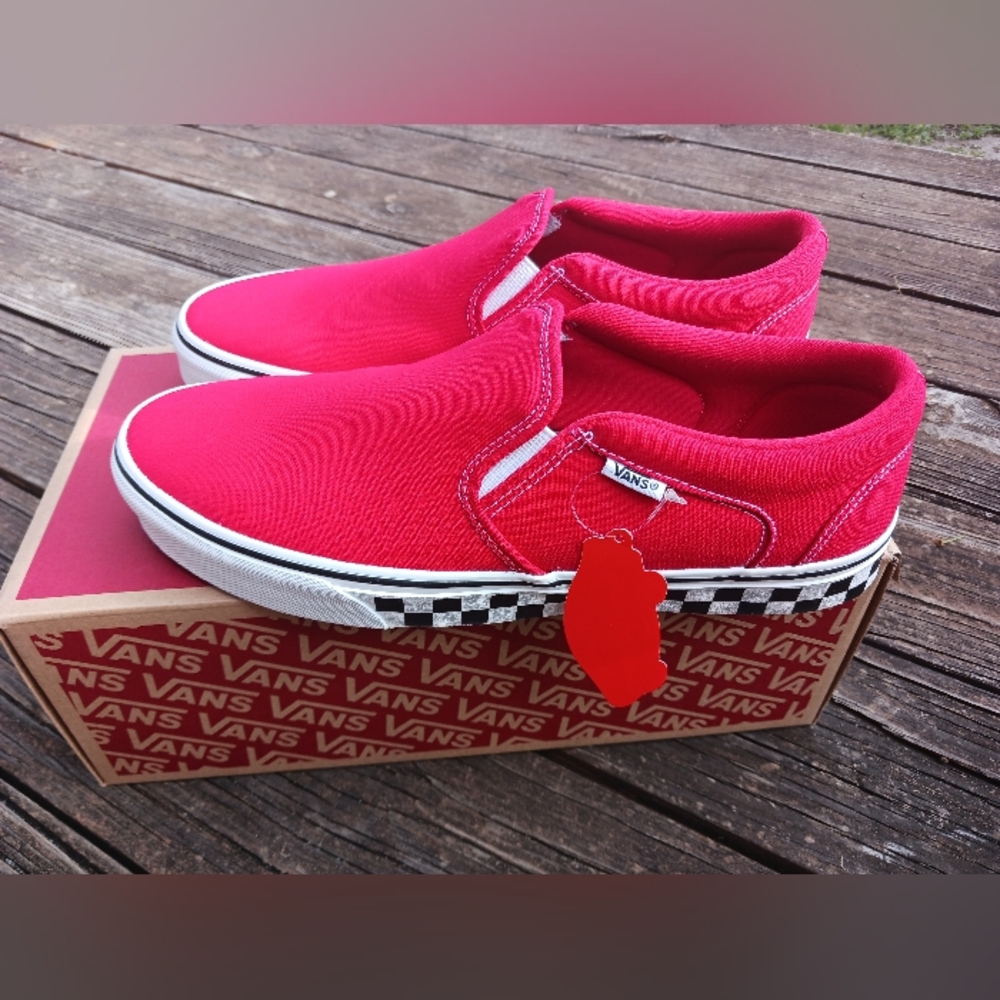 Vans Men's Slip-On Sneakers in Bright Red with Checkerboard Trim